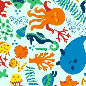 Under the sea - Rainbow Ocean Animals - for Kids bedding set, bathroom wallpaper - Jumbo Scale