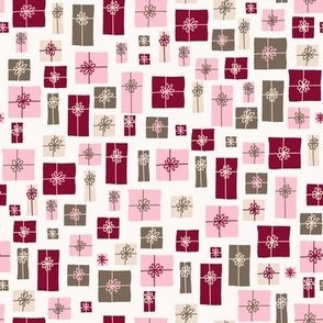 446 - Small  scale pink, taupe beige and burgundy maroon Gift boxes for Christmas - for cute baby apparel, kids, children,, pajamas, festive dress, kids parties, festive crafts, patchwork, quilting, birthday dresses