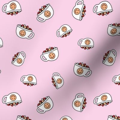 Cutesy Christmas hot chocolate and coffee cups and smileys with little marshmallows candy retro kids design on pink girls