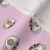 Cutesy Christmas hot chocolate and coffee cups and smileys with little marshmallows candy retro kids design on pink girls