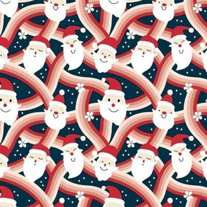 Kawaii Holidays - Retro cute santa design with groovy rainbows flowers and snow red blush on navy blue