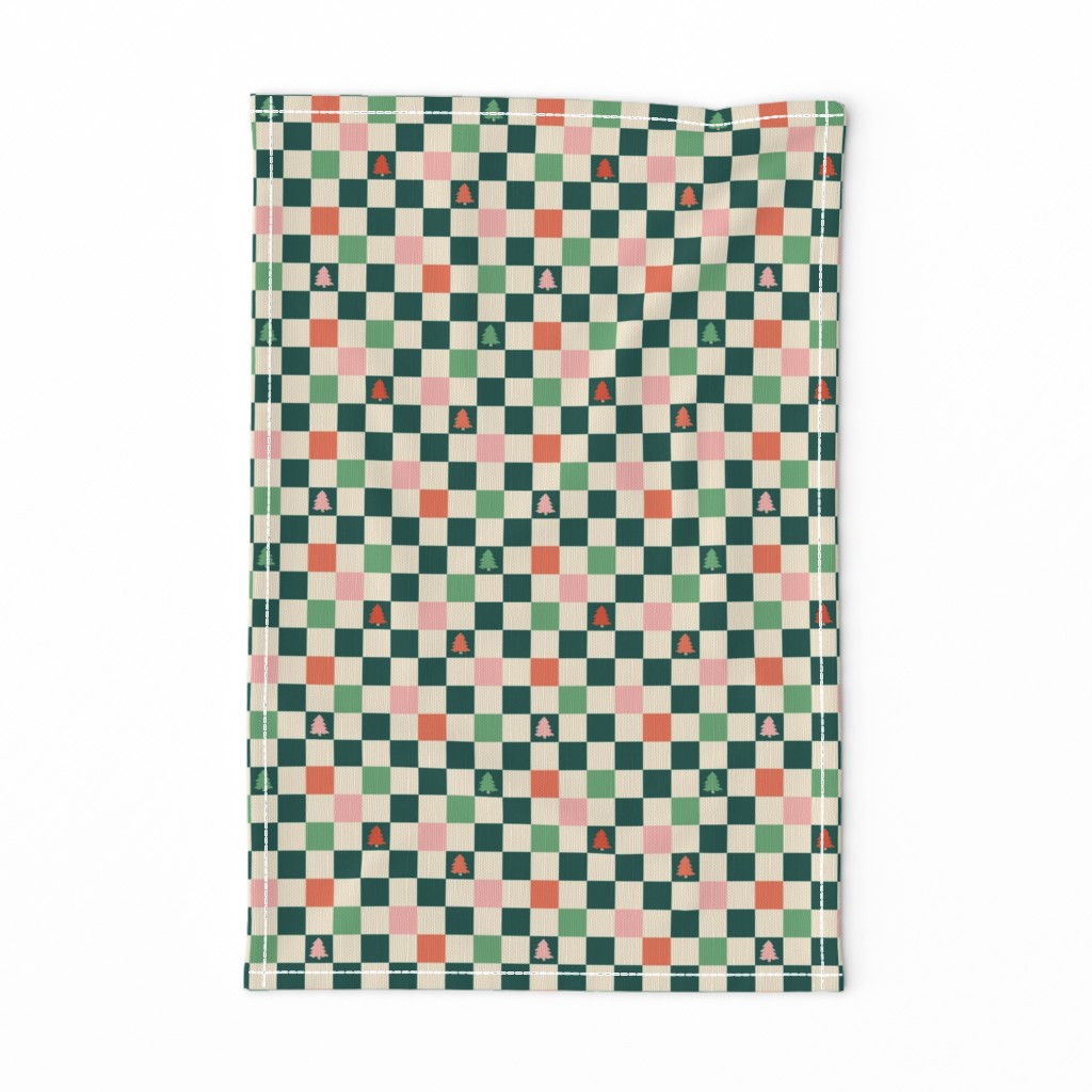 Kawaii Holidays - Retro Christmas checker design with pine trees orange pink green pine cream