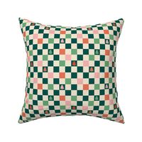 Kawaii Holidays - Retro Christmas checker design with pine trees orange pink green pine cream