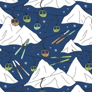 Winter wonderland - ski resort and lift winter mountains and peaks seasonal adventures green caramel on navy blue