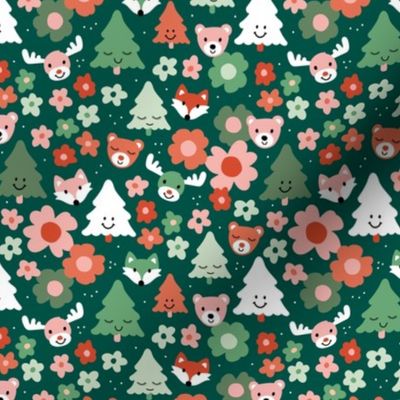 Kawaii Holidays - Christmas trees and retro winter woodland animals fox bear and moose with flowers seasonal kids kawaii design red orange pink green on pine