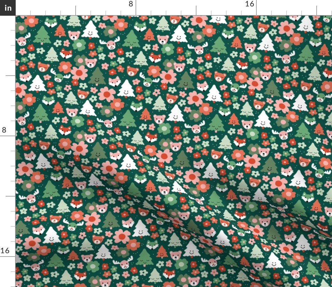 Kawaii Holidays - Christmas trees and retro winter woodland animals fox bear and moose with flowers seasonal kids kawaii design red orange pink green on pine