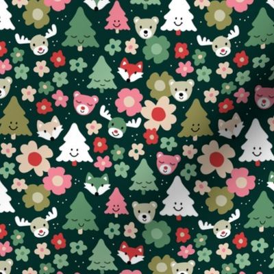 Kawaii Holidays - Christmas trees and retro winter woodland animals fox bear and moose with flowers seasonal kids kawaii design olive green jade red pink on pine