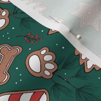 Winter Wonderland - Vintage style freehand cookies pine branches  stars paws candy canes and christmas trees boho dog snacks red on pine green