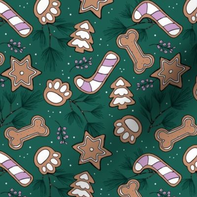 Winter Wonderland - Vintage style freehand cookies pine branches  stars paws candy canes and christmas trees boho dog snacks lilac beige on pine green