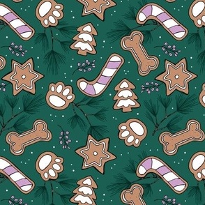 Winter Wonderland - Vintage style freehand cookies pine branches  stars paws candy canes and christmas trees boho dog snacks lilac beige on pine green