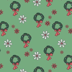 Cutesy retro Holidays - Christmas wreath and flower blossom seasonal december ornaments vintage red pine green on jade