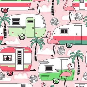 large trailers flamingos and palms