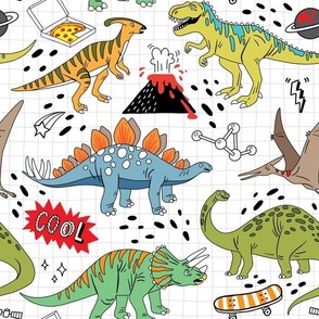 cool doodle dinosaurs with volcano on check pattern