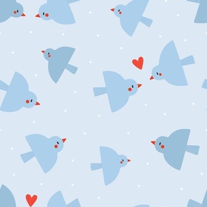 Cute pattern with Birds and Hearts in a pastel blue colour