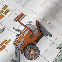 cool doodle construction trucks, tractor, loader, excavator, backhoe, crane, concrete mixer with checked background 