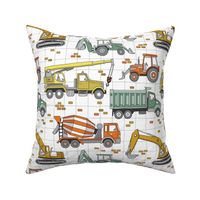 cool doodle construction trucks, tractor, loader, excavator, backhoe, crane, concrete mixer with checked background 