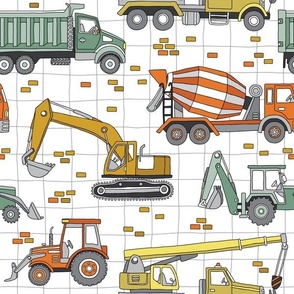 cool doodle construction trucks, tractor, loader, excavator, backhoe, crane, concrete mixer with checked background 