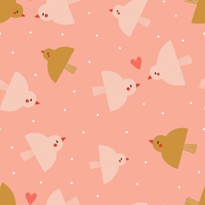 Cute pattern with Birds and Hearts in a pastel pink colour