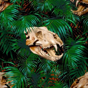 Tiger Skulls in Palm Fronds - Dark Tropical Goth Whimsigoth 