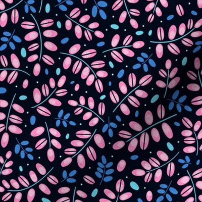Twigs pink and blue on navy // small scale 0002 L //  twig leaves leaf dots blue babyblue pink violet light pink neon dark background 