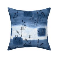 Midnight Painterly abstract landscape with squares with black  line drawn grasses on burlap texture 12” repeat denim blues hues and white