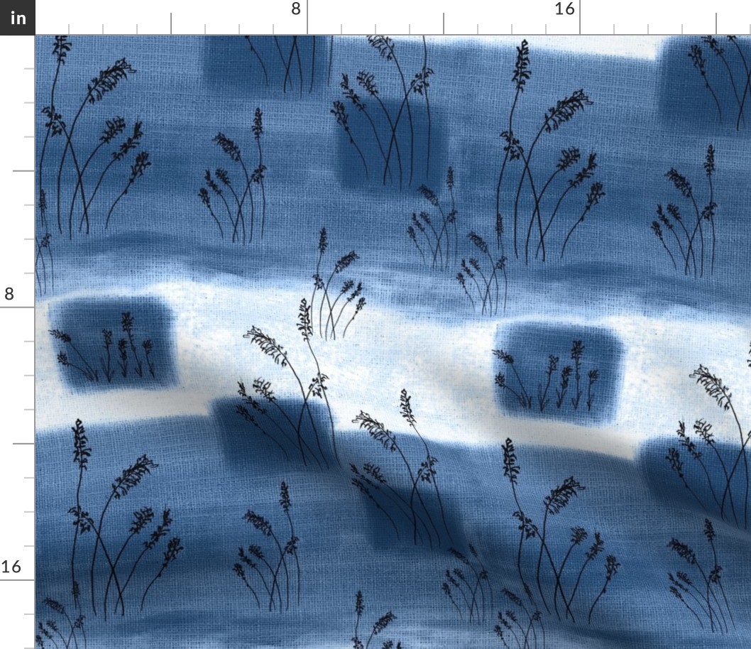 Midnight Painterly abstract landscape with squares with black  line drawn grasses on burlap texture 12” repeat denim blues hues and white