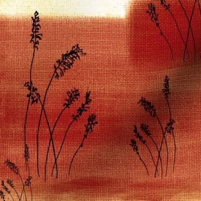 Midnight Painterly abstract landscape with squares with black  line drawn grasses on burlap texture 12” repeat yellow, russet red, deep brown red
