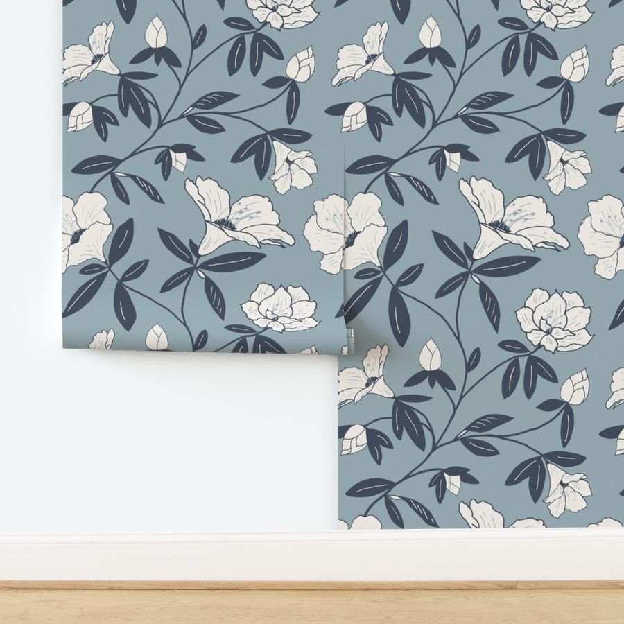 Large Scale Rhododendron Trailing Floral Wallpaper in Monochromatic Blues 