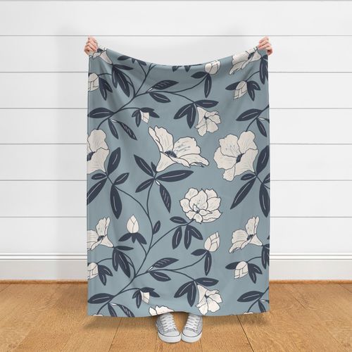 Large Scale Rhododendron Trailing Floral Wallpaper in Monochromatic Blues 