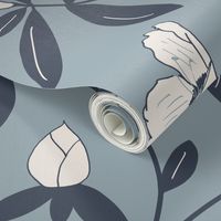 Large Scale Rhododendron Trailing Floral Wallpaper in Monochromatic Blues 