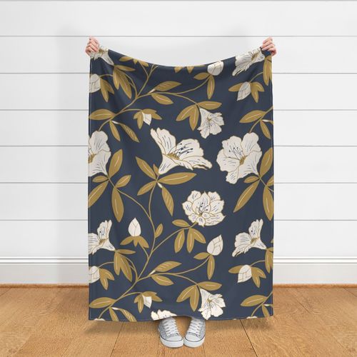 Large Scale Rhododendron Trailing Floral Wallpaper in Navy Blue and Goldenrod Honey Yellow