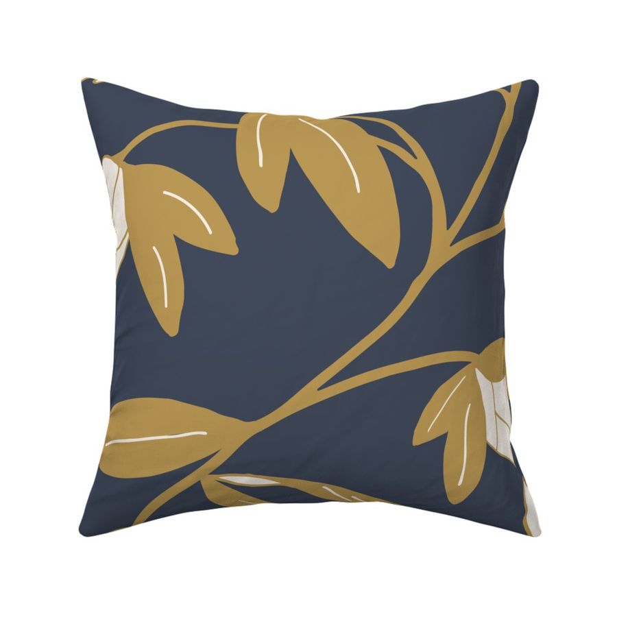 Large Scale Rhododendron Trailing Floral Wallpaper in Navy Blue and Goldenrod Honey Yellow