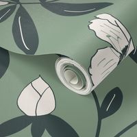 Large Scale Rhododendron Trailing Floral Wallpaper in Celadon Green 