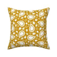 Medium Scale Playful Paisley White on Mustard Yellow