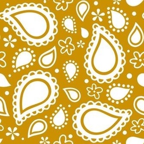 Medium Scale Playful Paisley White on Mustard Yellow