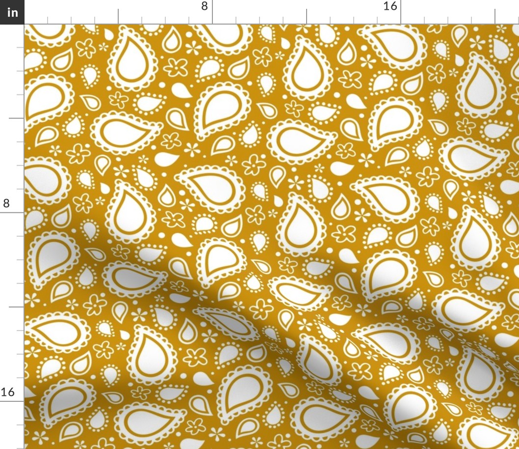 Medium Scale Playful Paisley White on Mustard Yellow