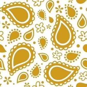 Medium Scale Playful Paisley Mustard Yellow on White