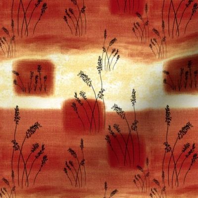 Midnight Painterly abstract landscape with squares with black  line drawn grasses on burlap texture 6” repeat yellow, russet red, deep brown red