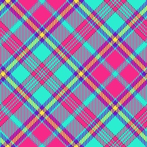 80s Retro Colors Pink Teal Yellow Purple Diagonal Busy Layered Plaid