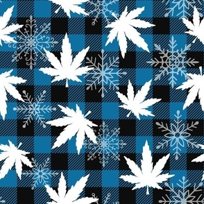 cannabis leaves with snowflakes buffalo plaid blue