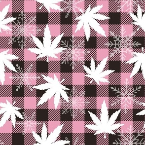 cannabis leaves with snowflakes buffalo plaid blush