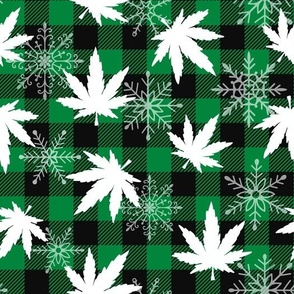 cannabis leaves with snowflakes buffalo plaid green