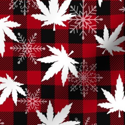 cannabis leaves with snowflakes buffalo plaid red