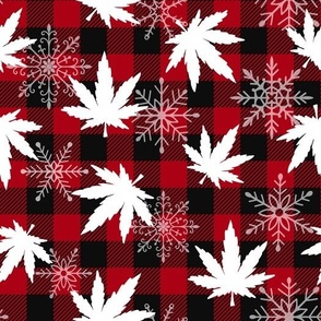 cannabis leaves with snowflakes buffalo plaid red