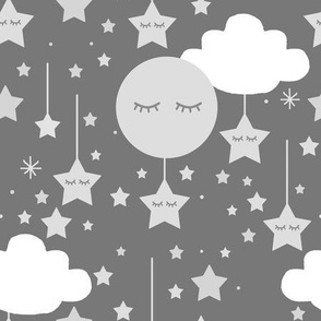 Moon Star Clouds Gray Nursery Baby Girl Boy Large Size 