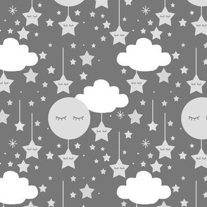 Moon Star Clouds Gray Nursery Baby Girl Boy Small Size 