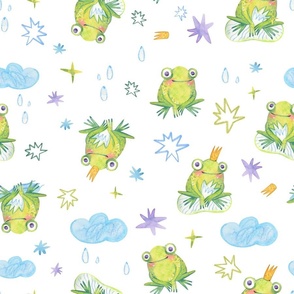 Fairy tale frogs and whimsical crowns: a dreamy cloud pattern for kids's room
