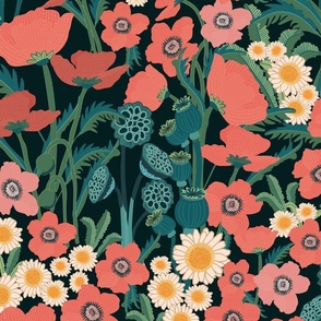 Woodland Poppies-Black Feather-Green and Pink Palette-Large Scale