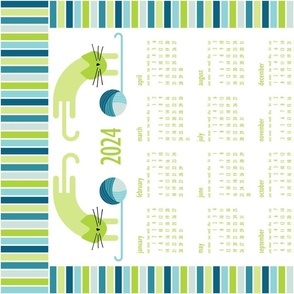 cat calendar 2024 - playful cat with yarn ball - peacock and lime - tea towel and wall hanging