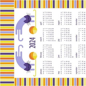 cat calendar 2024 - playful cat with yarn ball - marigold and lilac - tea towel and wall hanging
